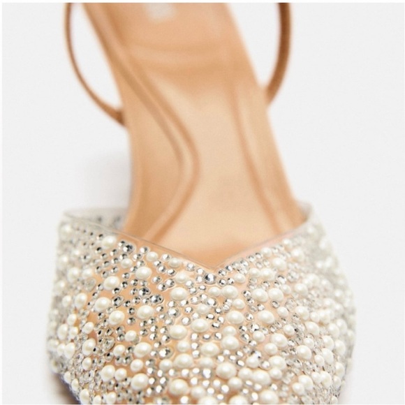 Zara Clear Pearl & Rhinestone embellished Pointed Toe Slingback Kitten heels 37 - Picture 4 of 15